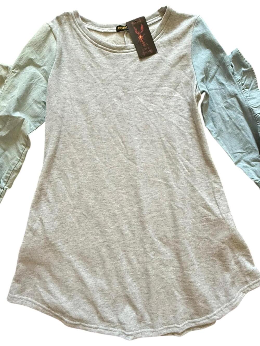 NWT Reborn heather gray tunic with light blue ruffle sleeves XL